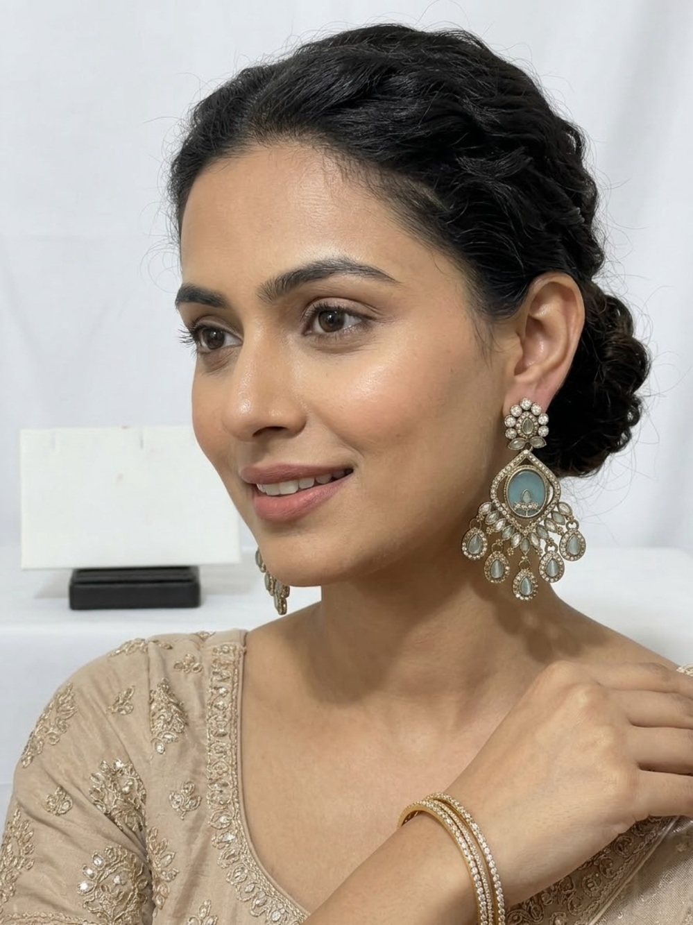 Elegant Gold and Light Blue Chandbali Earrings - Women Jewelry